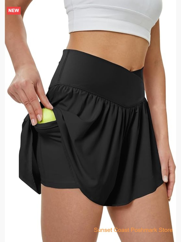 Women's Athletic Running Shorts With Pockets Crossover Butterfly Flowy Skorts